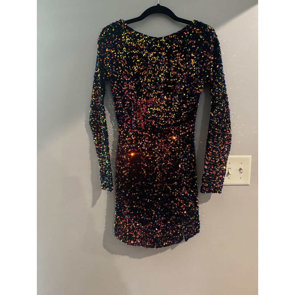 Hello Molly Midnight Lover Sequin Open Back Long Sleeve Mini Dress XS US 2